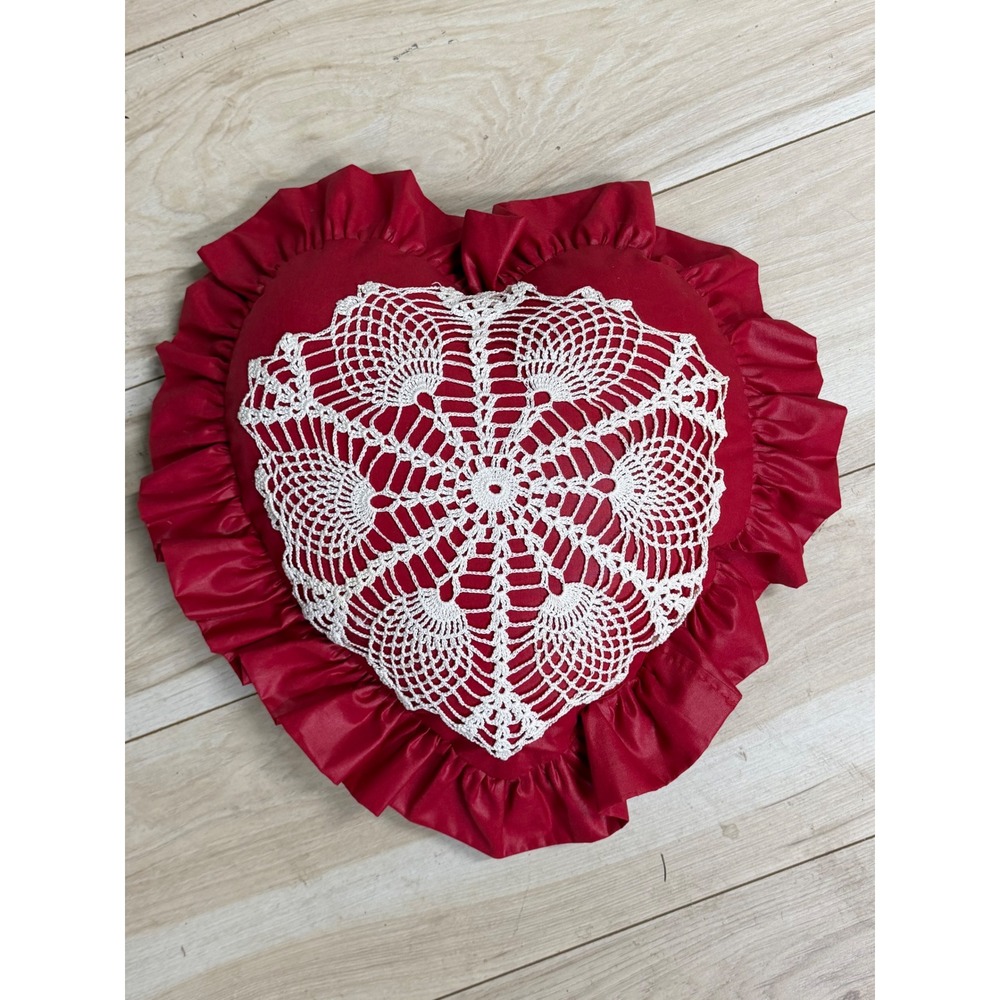 Vintage Red Heart Shaped Pillow White Crochet Doily Ruffle Cottagecore Decor